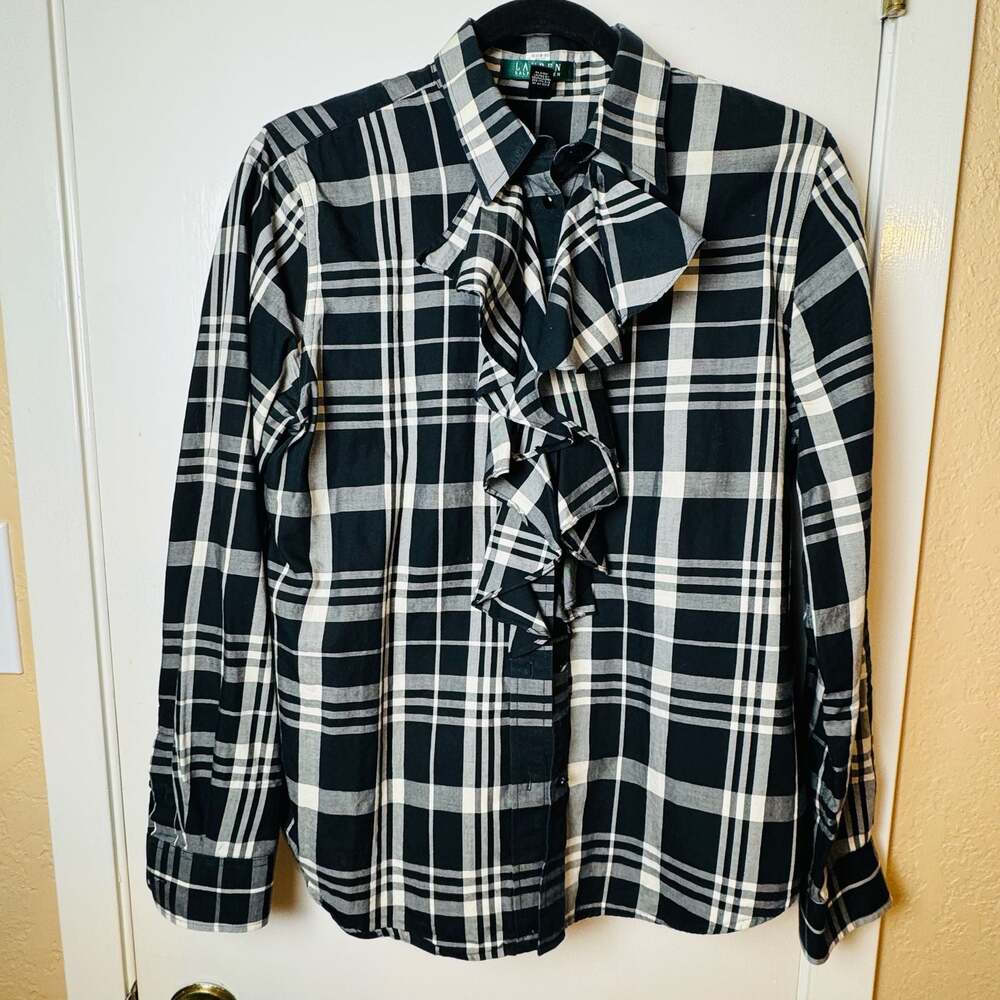RALPH LAUREN Black and White Plaid Cotton Ruffle Front Button-Up Blouse Size M